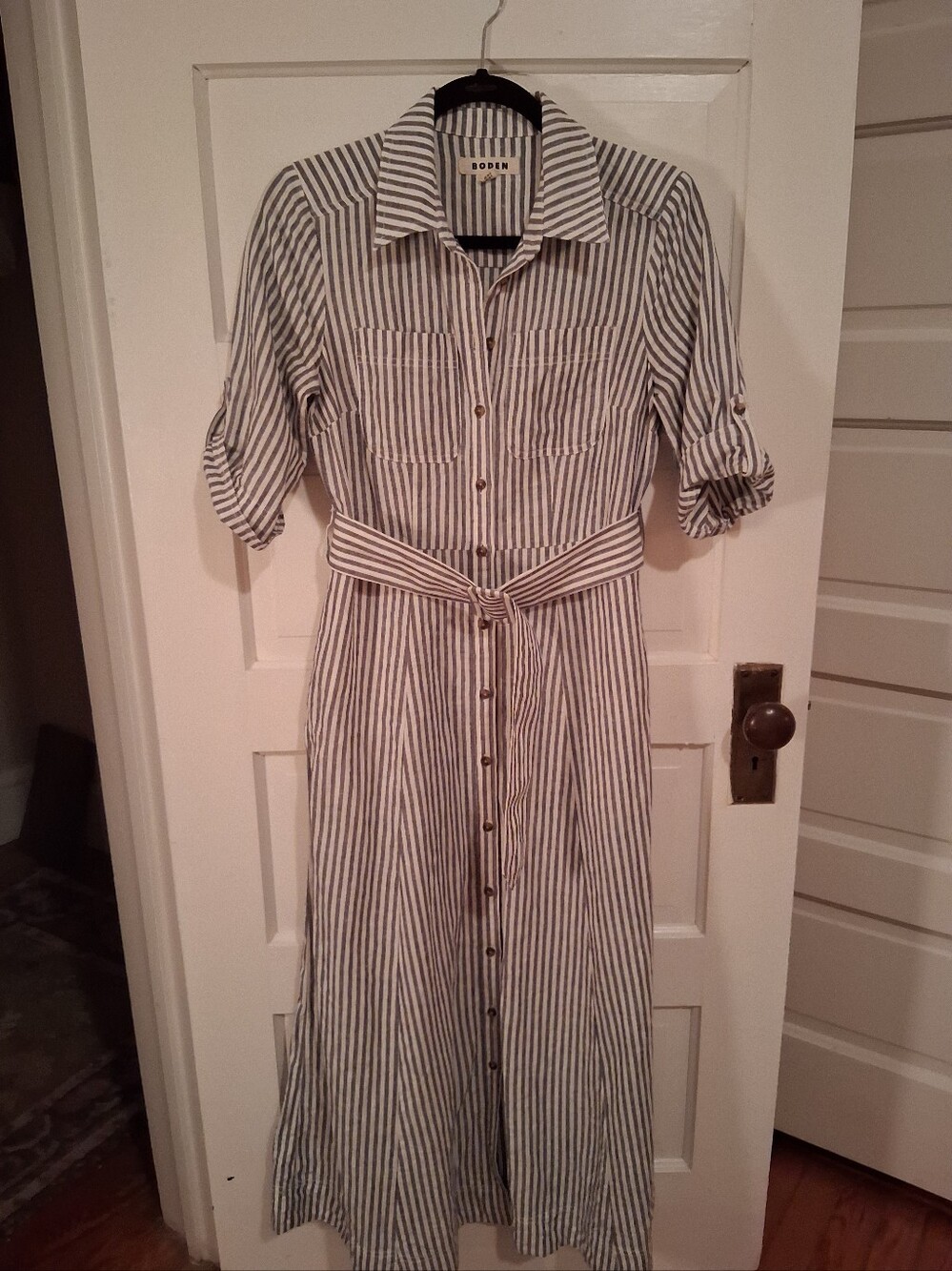 Boden Striped Button-Front Linen-cotton Shirt Dress in White and Navy - Size 6